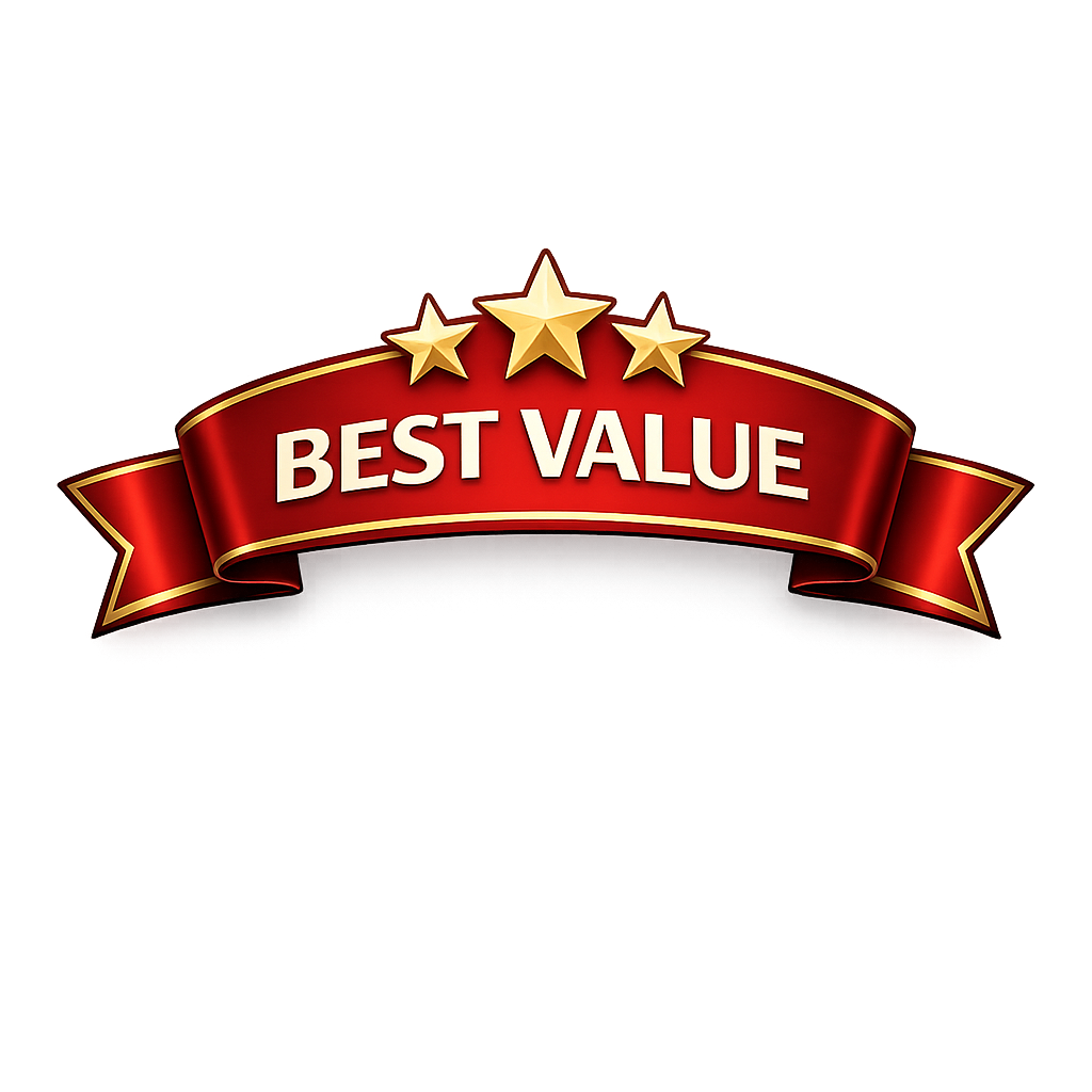 Red and gold ribbon banner with three gold stars and the text 'BEST VALUE'.