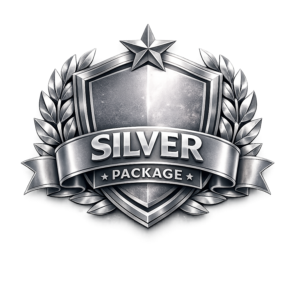 Silver shield emblem with a star on top, laurel leaves on sides, and banner reading 'SILVER PACKAGE'.