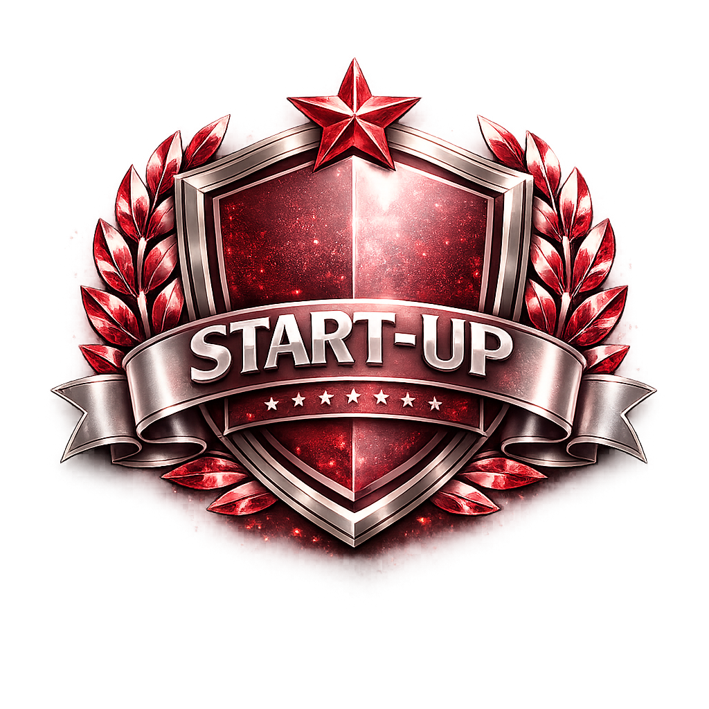 Red and silver shield emblem with laurel leaves, a star on top, and a silver ribbon displaying the word 'START-UP'.